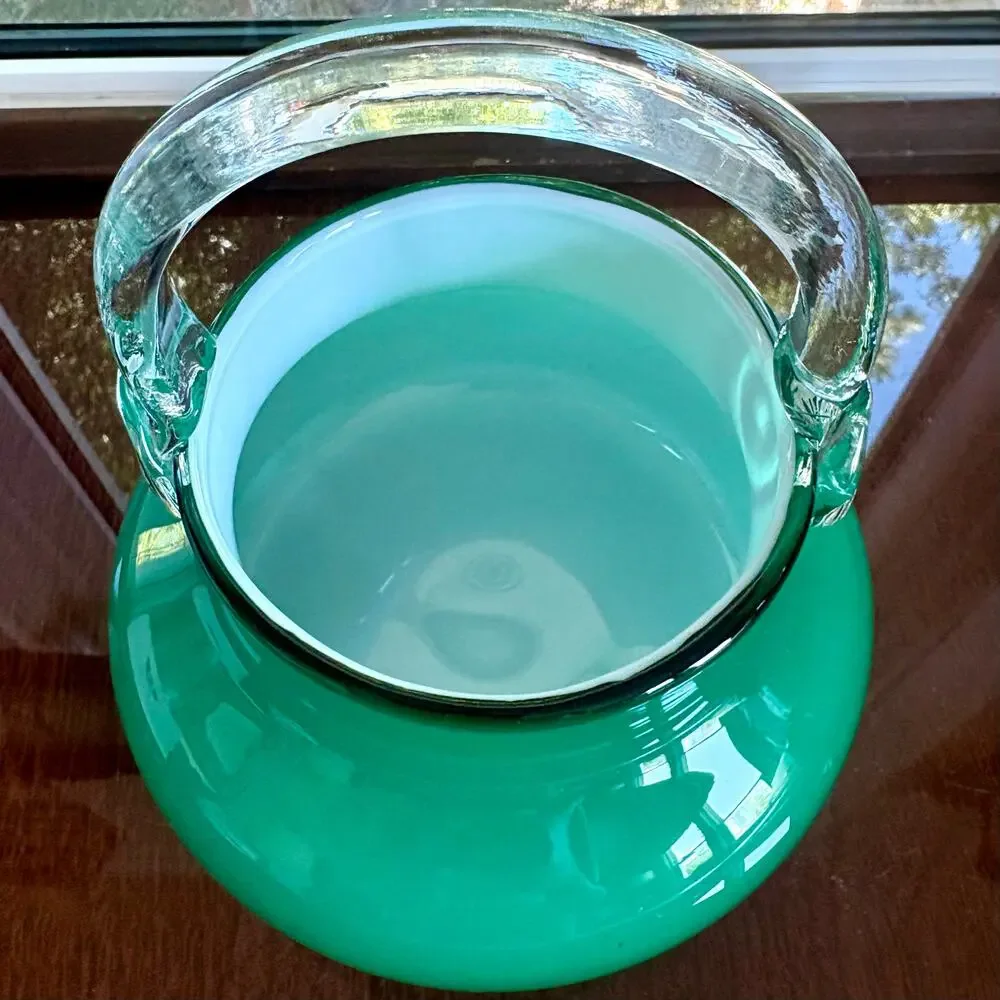 Vintage Polish Green Cased Glass Basket White Interior 7 Inch Vase